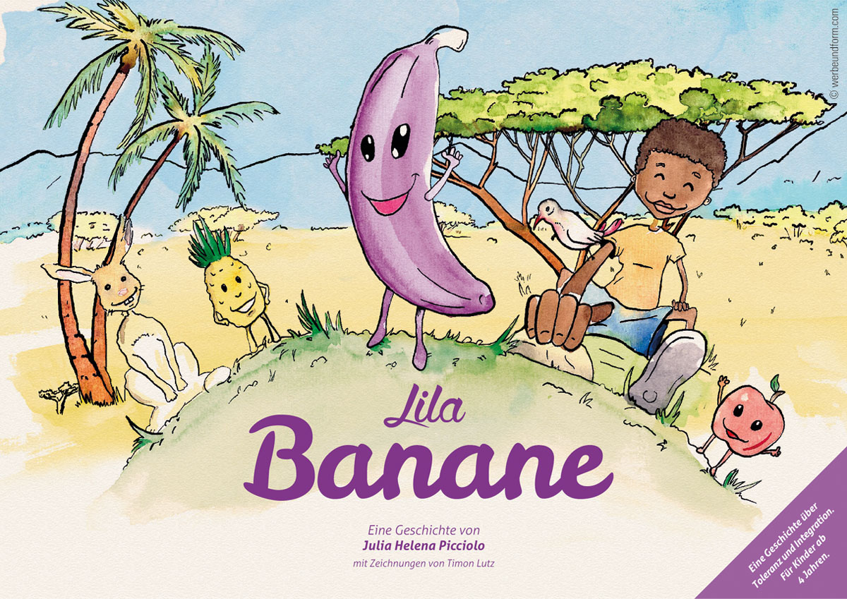 Die Lila Banane, Kinderbuch Cover-Illustration  | Kunde: Julia H. Picciolo | © Konzeption & Design: WERBE&form, Werbeagentur in Vorarlberg