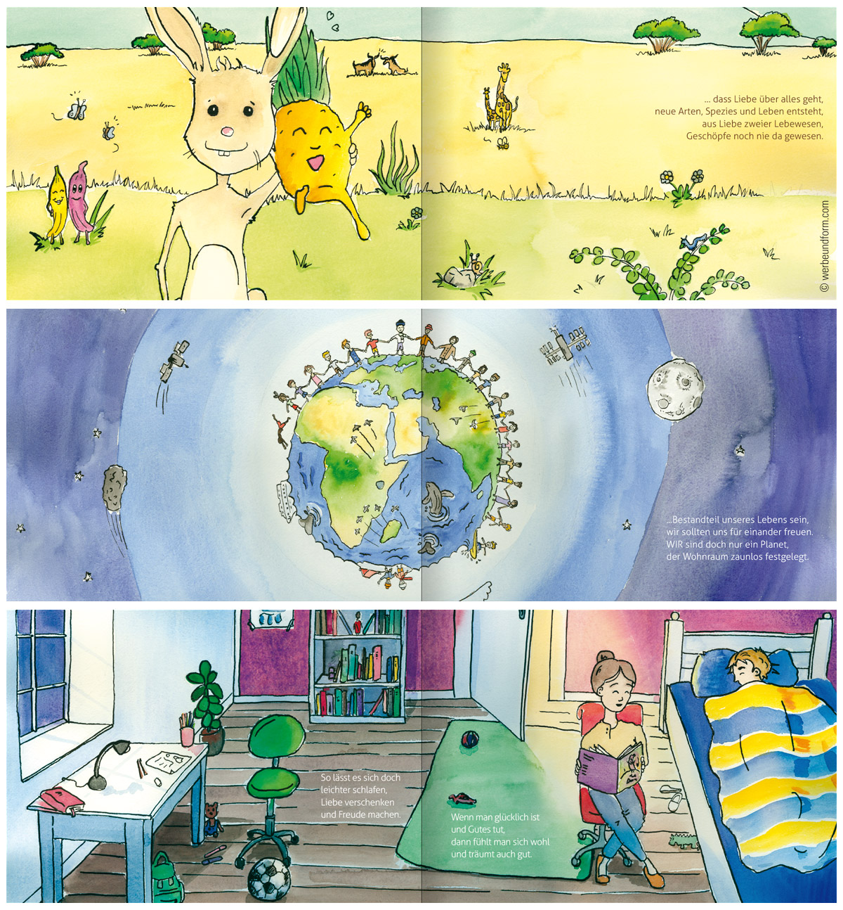 Die Lila Banane, Kinderbuch-Illustration, Aquarellzeichnungen und Layout, Print-Design | Kunde: Julia H. Picciolo | © Konzeption & Design: WERBE&form, Werbeagentur in Vorarlberg
