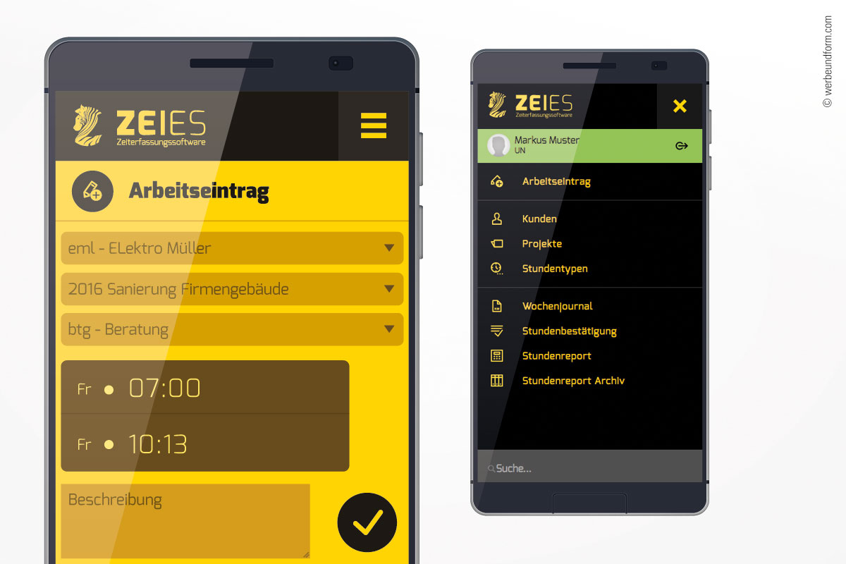 Responsive Design des online Zeiterfassungssystems, Graphic User Interphace | ZEIES | © Konzeption & Design: WERBE&form, Werbeagentur in Vorarlberg